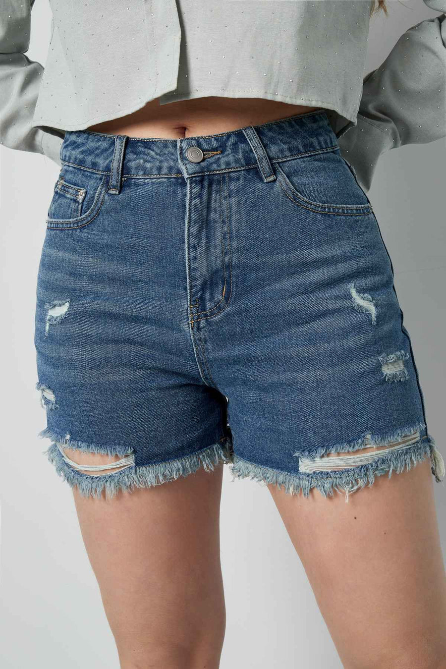 Denim Vrouwen High-Waisted Shorts Gescheurd Gerafelde Zoom